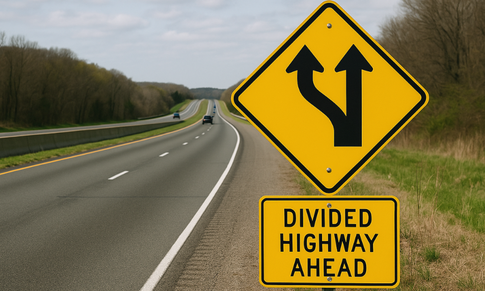 divided highway ahead sign
